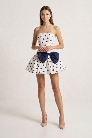 Navy Blue Bowknot A-Line Strapless Polka Dots Satin Homecoming Dress (3) | SHEISME
