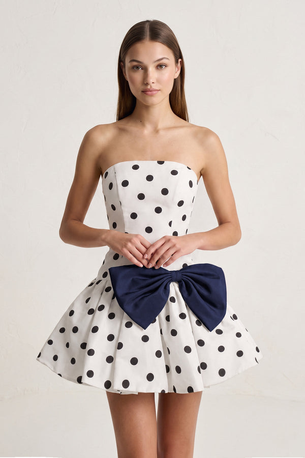 Navy Blue Bowknot A-Line Strapless Polka Dots Satin Homecoming Dress | SHEISME