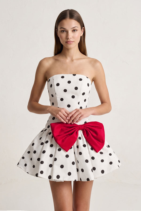 Red Bowknot A-Line Strapless Polka Dots Satin Homecoming Dress | SHEISME