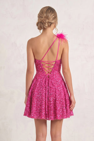 Fuchsia One Shoulder A Line Sequins Homecoming Dresses With Feathers (2) | SHEISME