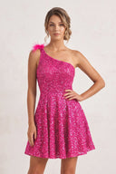 Fuchsia One Shoulder A Line Sequins Homecoming Dresses With Feathers | SHEISME