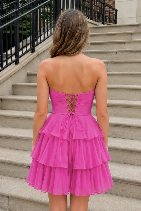 Fuchsia Strapless A Line Chiffon Ruffles Homecoming Dresses With Flower - SHEISME