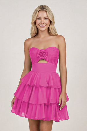 Fuchsia Strapless A Line Chiffon Ruffles Homecoming Dresses With Flower - SHEISME