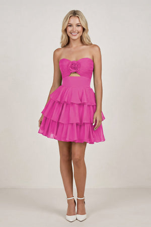 Fuchsia Strapless A Line Chiffon Ruffles Homecoming Dresses With Flower - SHEISME