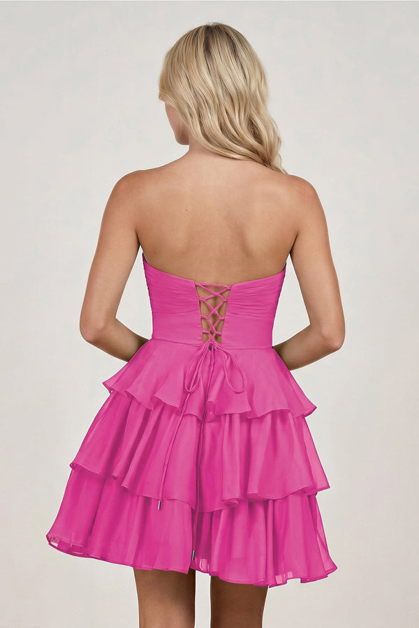 Fuchsia Strapless A Line Chiffon Ruffles Homecoming Dresses With Flower - SHEISME