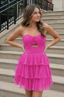 Fuchsia Strapless A Line Chiffon Ruffles Homecoming Dresses With Flower - SHEISME