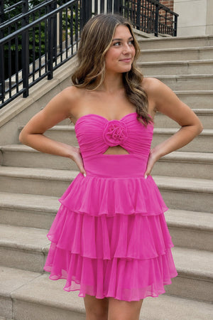 Fuchsia Strapless A Line Chiffon Ruffles Homecoming Dresses With Flower - SHEISME