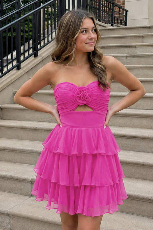 Fuchsia Strapless A Line Chiffon Ruffles Homecoming Dresses With Flower - SHEISME