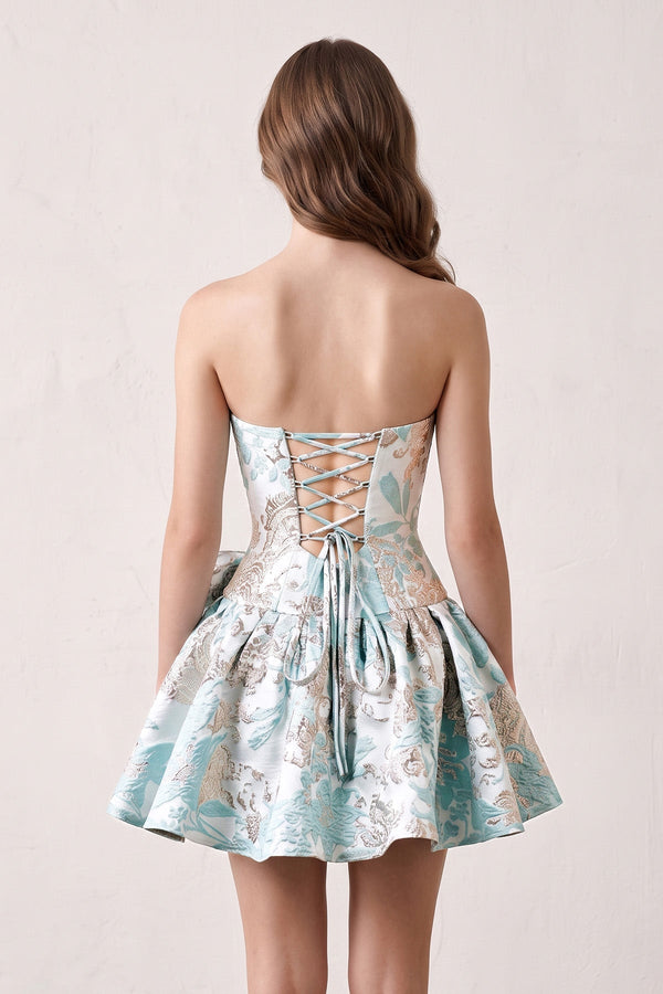 Aqua Strapless Jacquard A-Line Homecoming Dress with Bowknot (2) | SHEISME