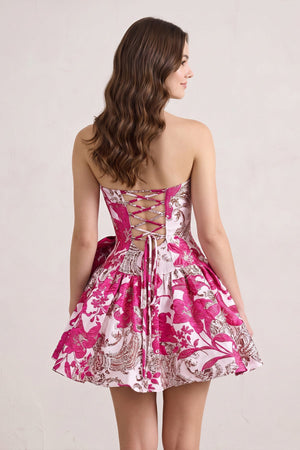 Fuchsia Strapless Jacquard A-Line Homecoming Dress with Bowknot (2) | SHEISME