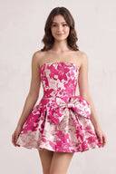 Fuchsia Strapless Jacquard A-Line Homecoming Dress with Bowknot | SHEISME