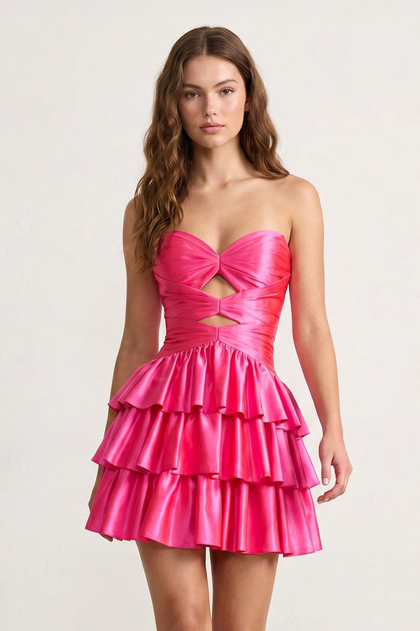Fuchsia Sweetheart Ruffled A-Line Cut-Out Satin Homecoming Dress – Homecoming Dress by SHEISME | Available at SHEISME