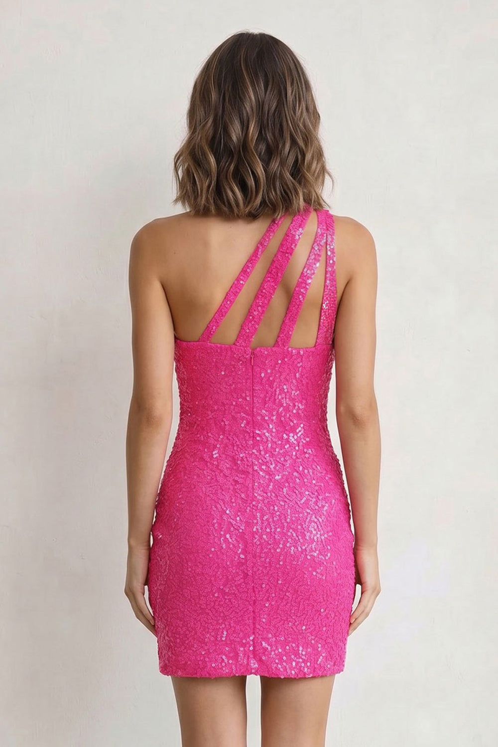 Hot Pink Sheath One Shoulder Sequins Mini Party Dresses - SHEISME