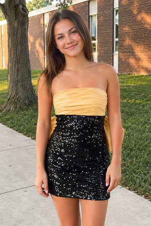 Gold Sheath Strapless Sequined Bow Mini Party Dresses | SHEISME