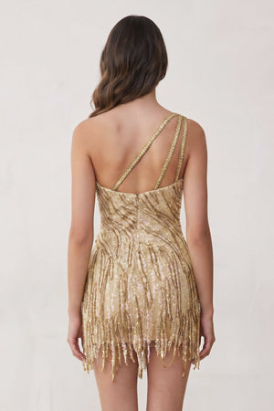Golden Sparkly One Shoulder Sequins Mini Party Dresses with Fringes - SHEISME