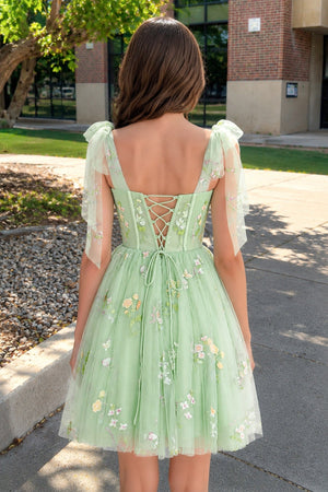 Green Trendy A Line Spaghetti Straps Short Homecoming Dress with Embroidery - SHEISME