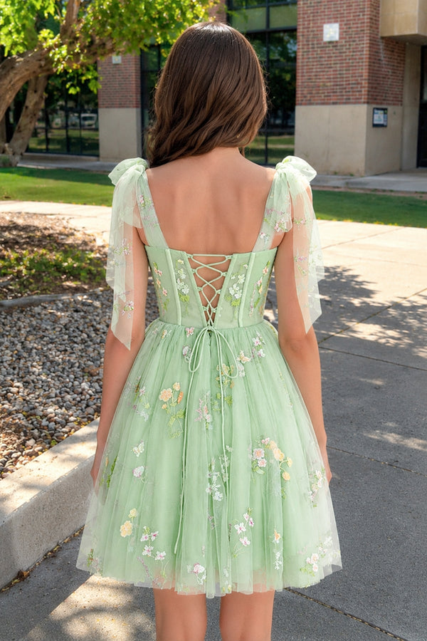 Green Trendy A Line Spaghetti Straps Short Homecoming Dress with Embroidery - SHEISME