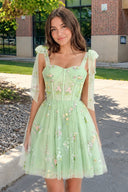 Green Trendy A Line Spaghetti Straps Short Homecoming Dress with Embroidery - SHEISME