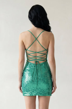 Green Fitted Bateau Spaghetti Straps Fully Sequined Lace-Up Mini Party Dresses - SHEISME