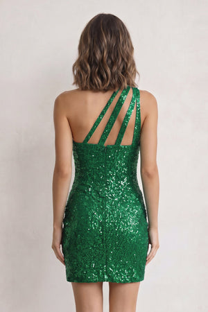 Green Sheath One Shoulder Sequins Mini Party Dresses - SHEISME