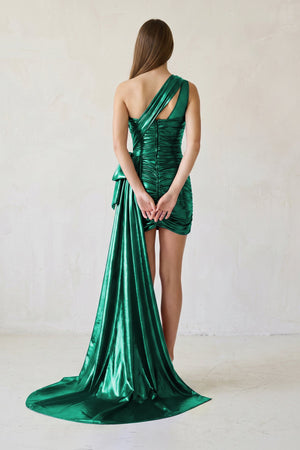 Green Metallic One-Shoulder Ruched Homecoming Dress - SHEISME