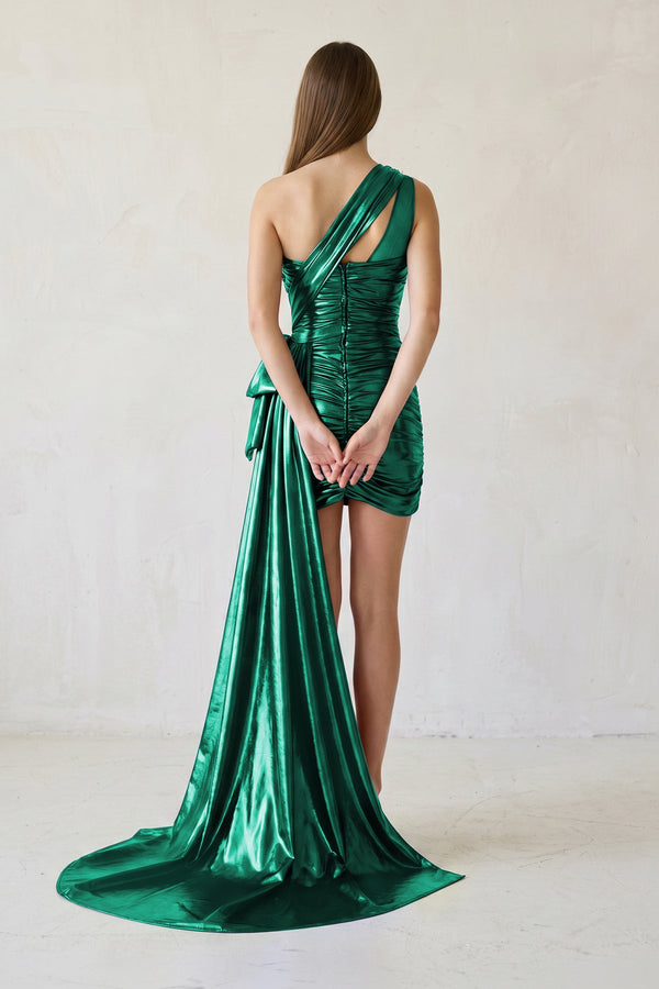 Green Metallic One-Shoulder Ruched Homecoming Dress - SHEISME