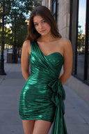 Green Metallic One-Shoulder Ruched Homecoming Dress - SHEISME