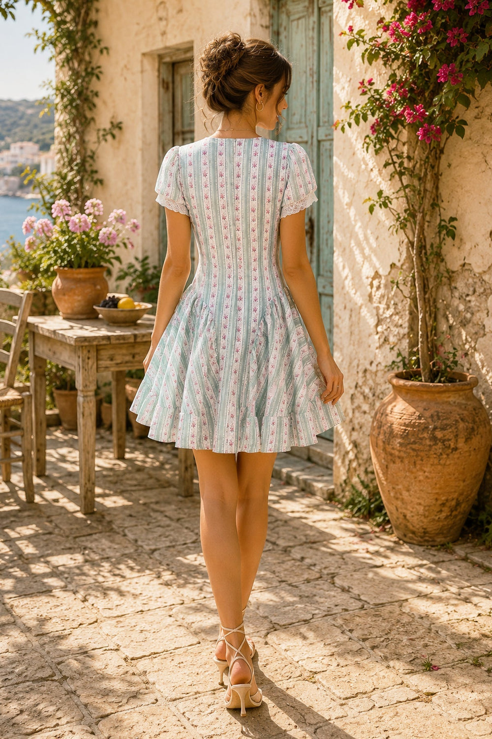 Green Short Sleeves Vintage Rose Printed Cotton Mini Dress - SHE IS ME Dresses