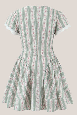 Green Short Sleeves Vintage Rose Printed Cotton Mini Dress - SHE IS ME Dresses