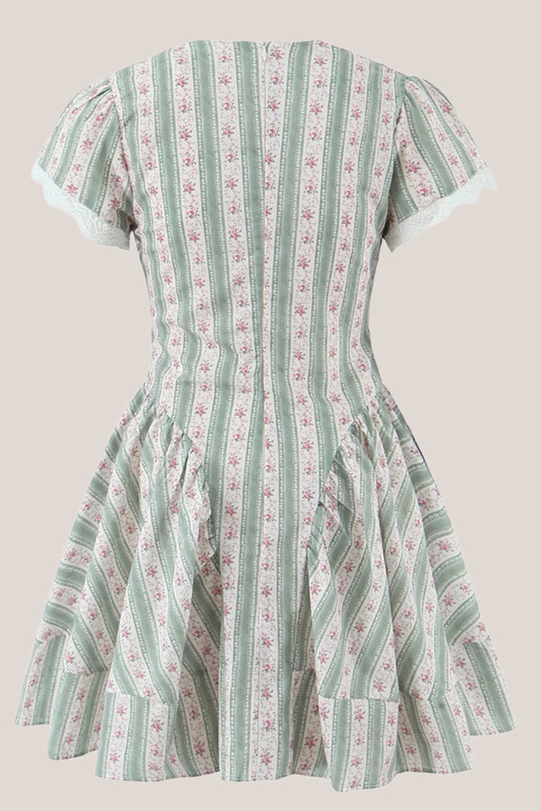 Green Short Sleeves Vintage Rose Printed Cotton Mini Dress - SHE IS ME Dresses