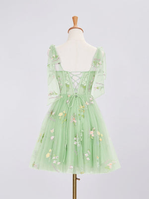 Green Trendy A Line Spaghetti Straps Short Homecoming Dress with Embroidery - SHEISME