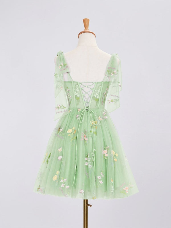 Green Trendy A Line Spaghetti Straps Short Homecoming Dress with Embroidery - SHEISME