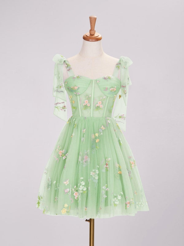 Green Trendy A Line Spaghetti Straps Short Homecoming Dress with Embroidery - SHEISME