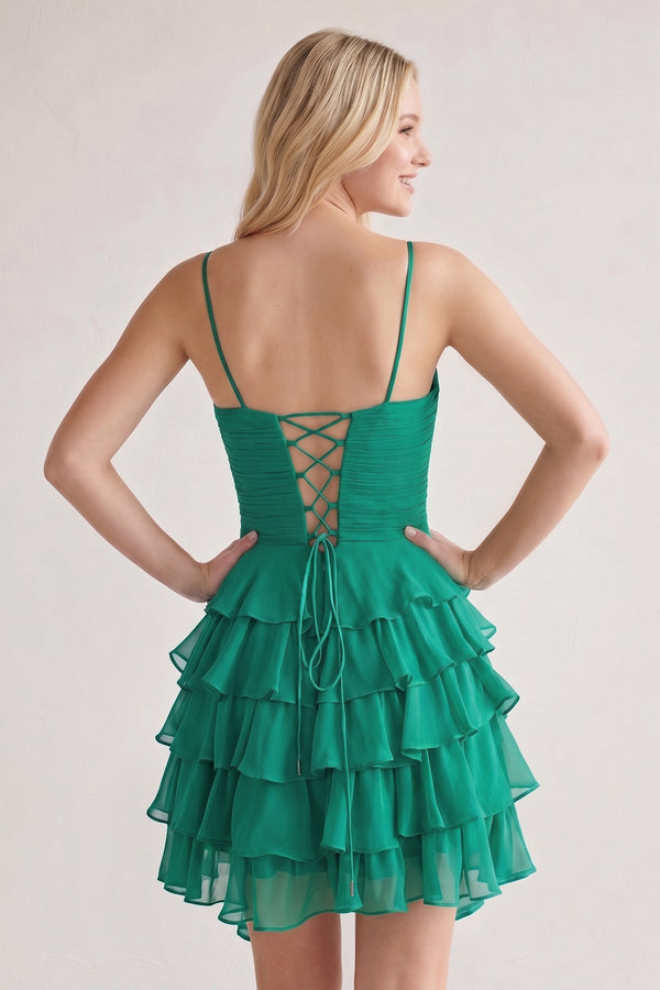Green Spaghetti Straps A Line Chiffon Ruffles Homecoming Dresses With Bow-SHEISME