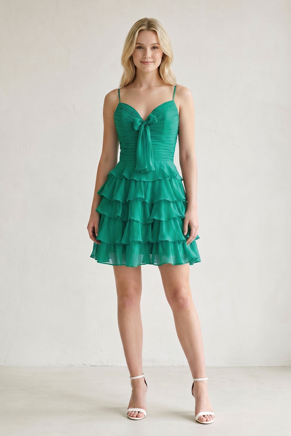 Green Spaghetti Straps A Line Chiffon Ruffles Homecoming Dresses With Bow-SHEISME