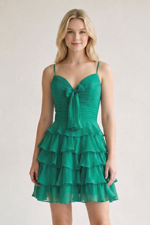 Green Spaghetti Straps A Line Chiffon Ruffles Homecoming Dresses With Bow-SHEISME