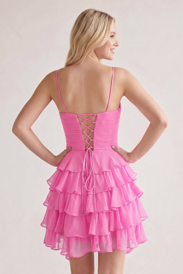 Pink Spaghetti Straps A Line Chiffon Ruffles Homecoming Dresses With Bow-SHEISME