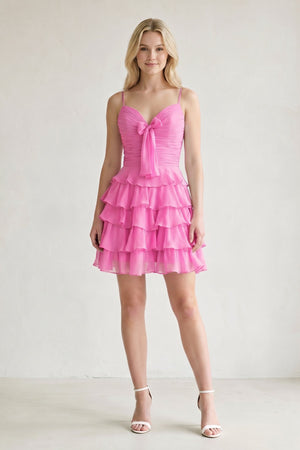 Pink Spaghetti Straps A Line Chiffon Ruffles Homecoming Dresses With Bow-SHEISME