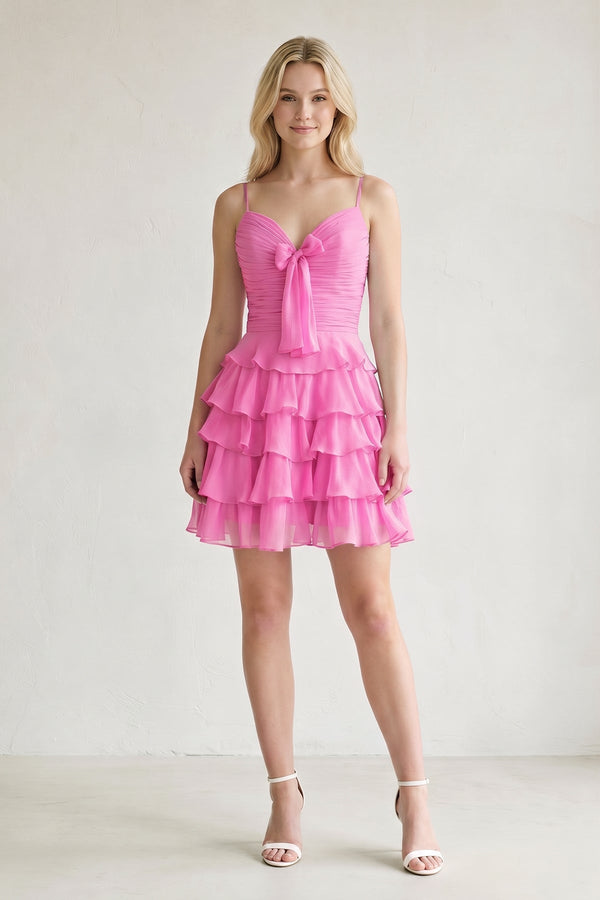 Pink Spaghetti Straps A Line Chiffon Ruffles Homecoming Dresses With Bow-SHEISME