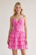 Pink Spaghetti Straps A Line Chiffon Ruffles Homecoming Dresses With Bow-SHEISME