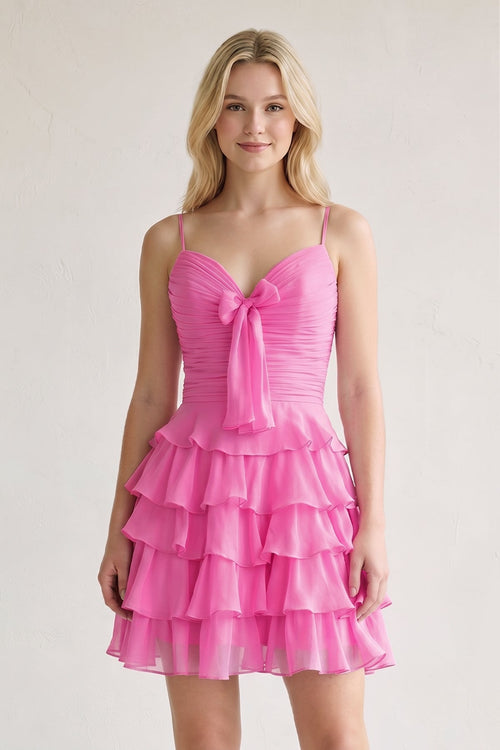 Pink Spaghetti Straps A Line Chiffon Ruffles Homecoming Dresses With Bow-SHEISME