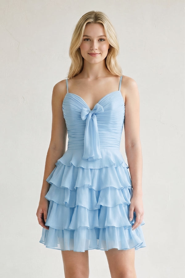 Sky Blue Spaghetti Straps A Line Chiffon Ruffles Homecoming Dresses With Bow-SHEISME