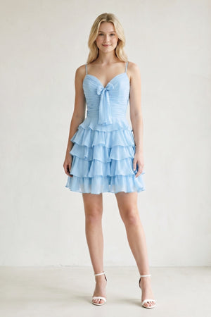 Sky Blue Spaghetti Straps A Line Chiffon Ruffles Homecoming Dresses With Bow-SHEISME