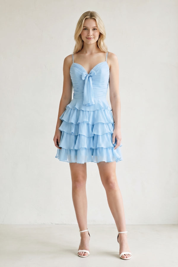 Sky Blue Spaghetti Straps A Line Chiffon Ruffles Homecoming Dresses With Bow-SHEISME