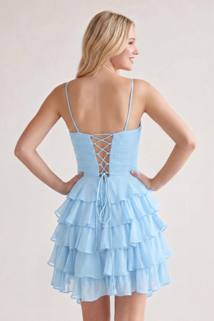 Sky Blue Spaghetti Straps A Line Chiffon Ruffles Homecoming Dresses With Bow-SHEISME