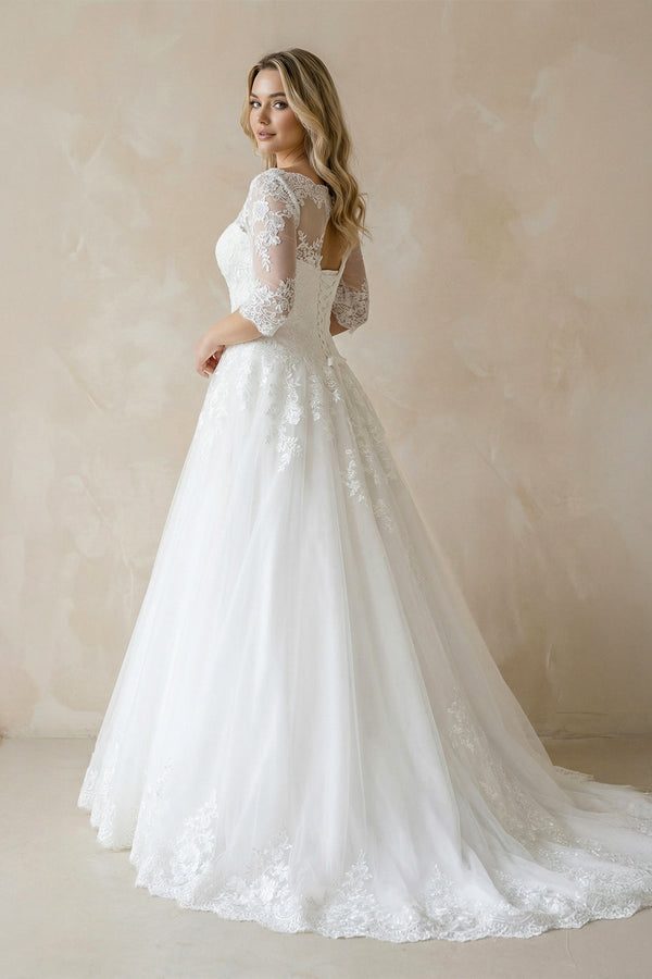 Half Sleeve Lace Ball Gown Wedding Dress with Appliques - SHE IS ME Wedding Dresses