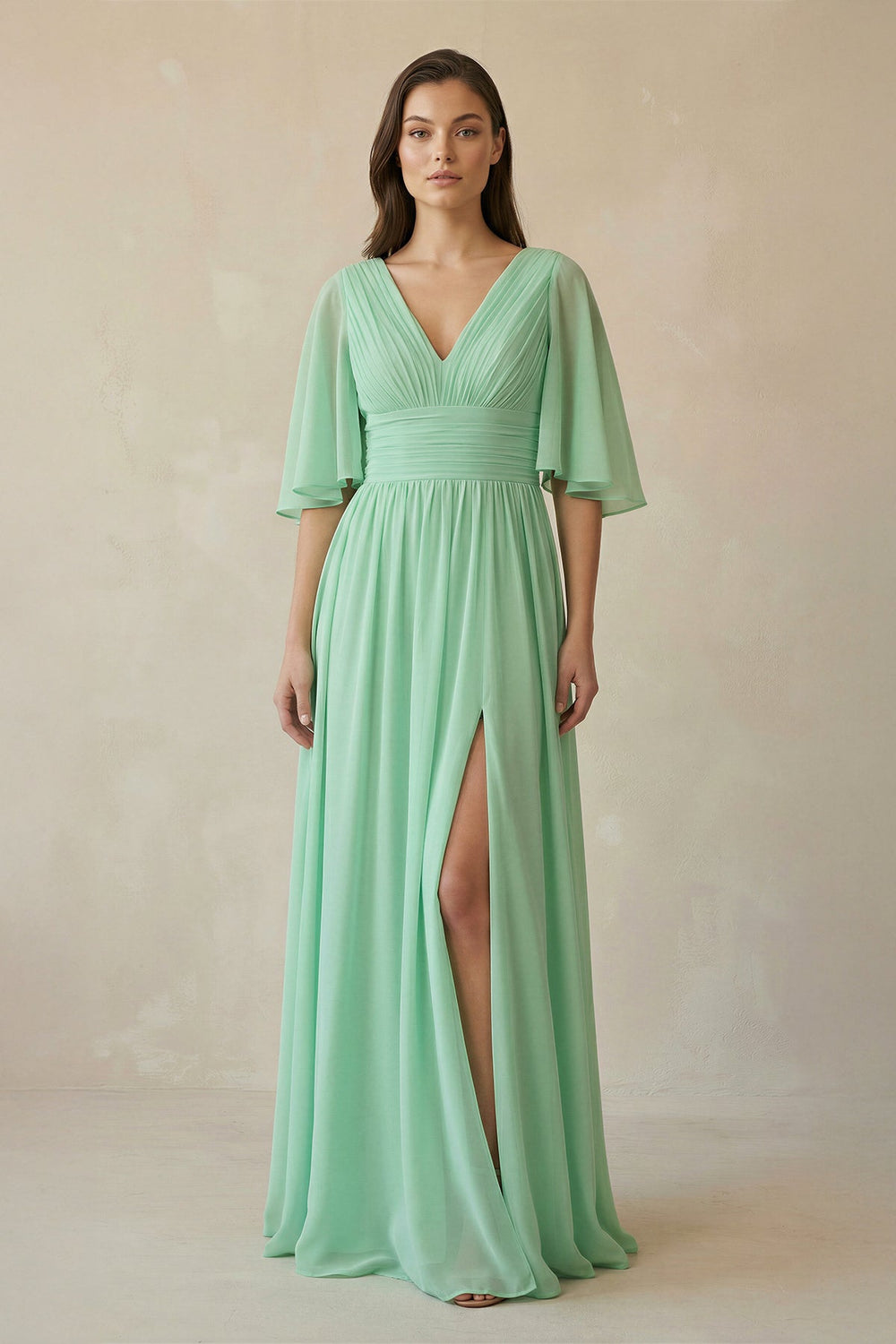 Half Sleeve V - Neck A - Line Chiffon Bridesmaid Gown - SHE IS ME Bridesmaid Dresses