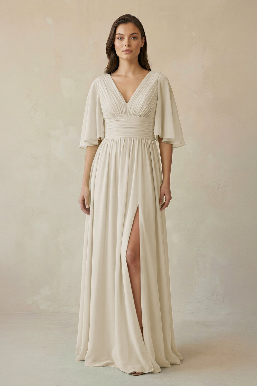 Half Sleeve V - Neck A - Line Chiffon Bridesmaid Gown in Dove Gray - SHE IS ME Bridesmaid Dresses