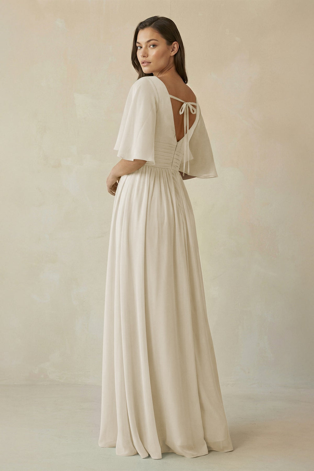 Half Sleeve V - Neck A - Line Chiffon Bridesmaid Gown in Dove Gray - SHE IS ME Bridesmaid Dresses
