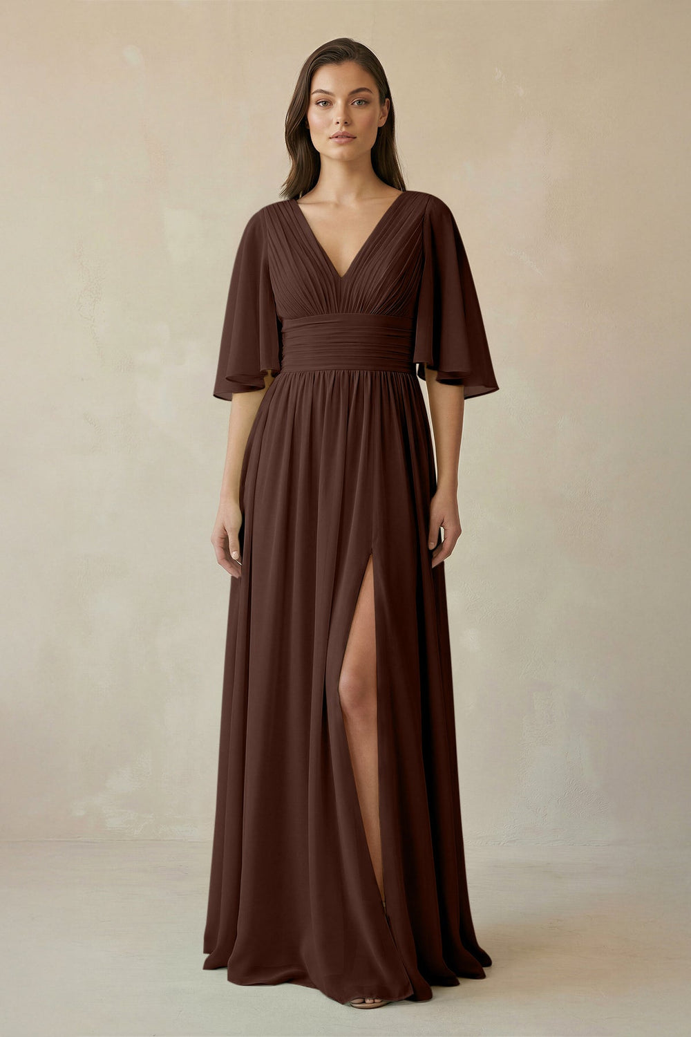 Half Sleeve V - Neck A - Line Chiffon Bridesmaid Gown in Espresso - SHE IS ME Bridesmaid Dresses
